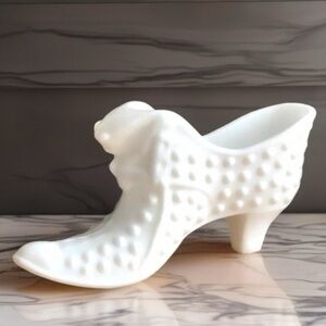 Fenton Vintage 70s White Milk Glass Hobnail Cat Themed High Heel Shoe MCM Decor